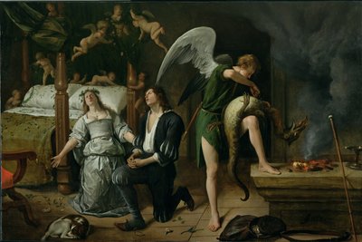 Tobias and Sarah with the Archangel Raphael exorcising the demon Asmodeus, restored version reassembled from two separated fragments by Jan Havickszoon Steen